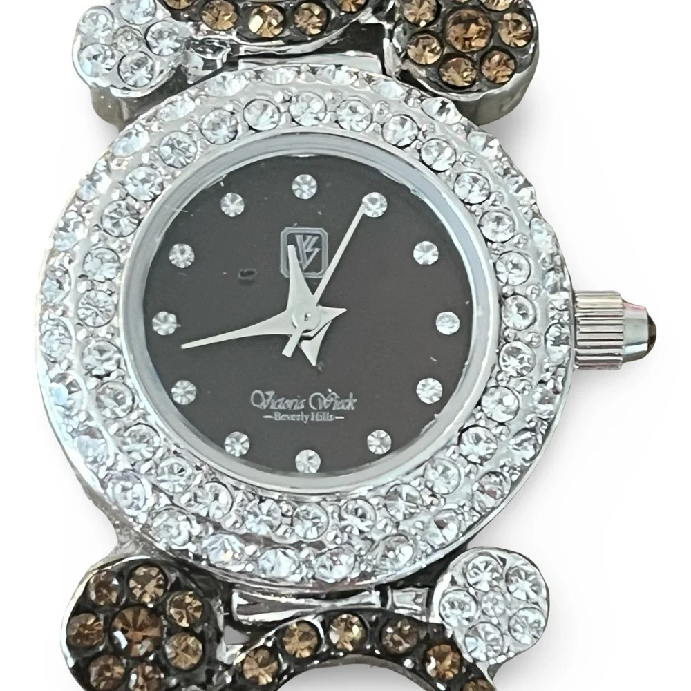 Victoria Wieck Women's Crystal Black Dial Gold Silver Rhinestone Bracelet Watch